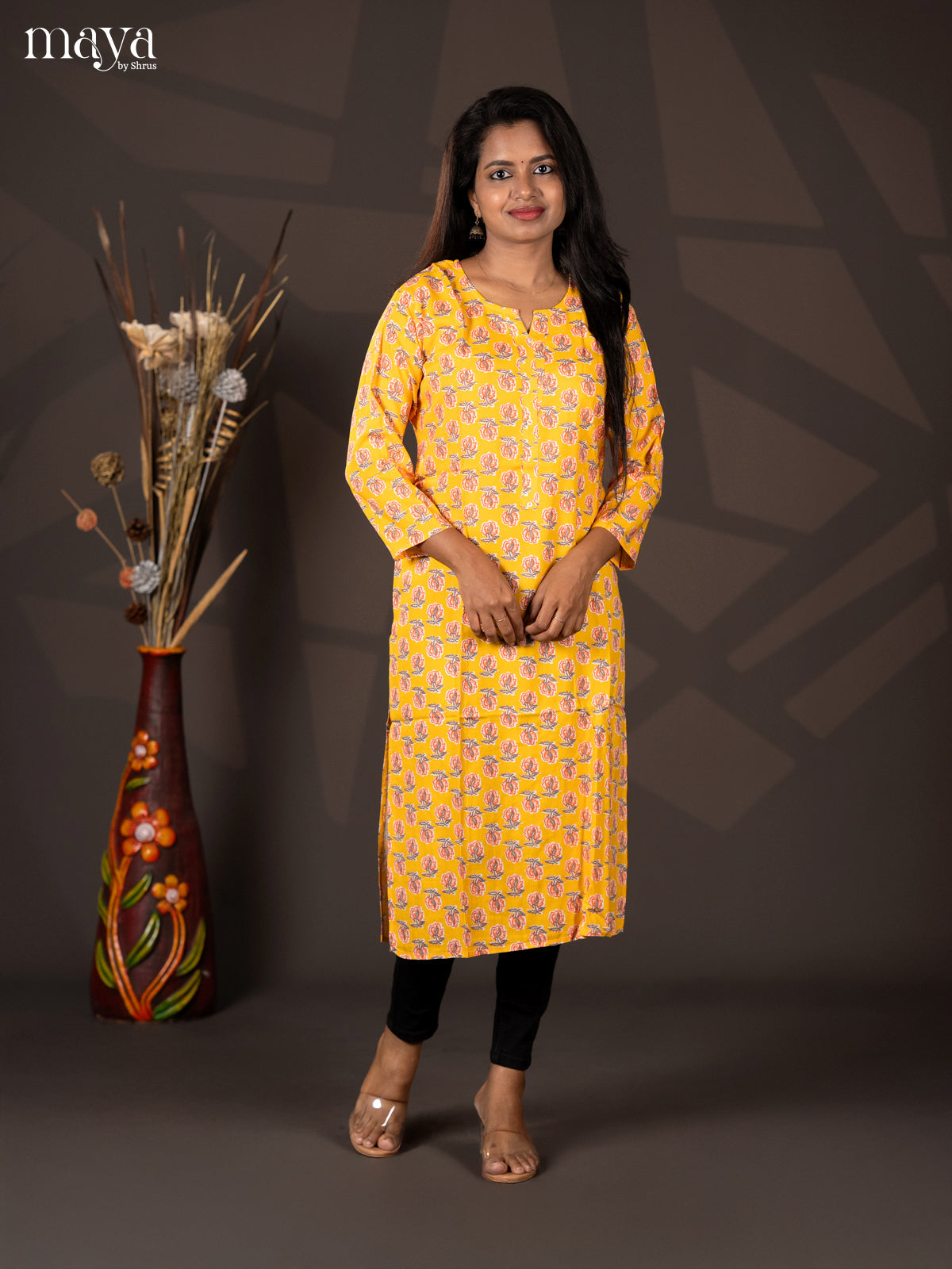 Yellow Floral Printed Rayon Straight Kurti