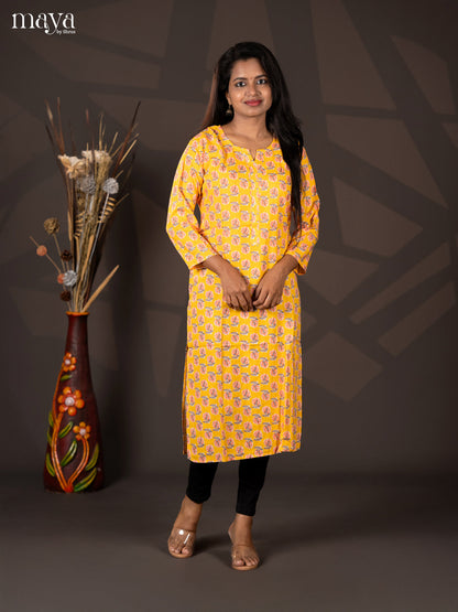 Yellow Floral Printed Rayon Straight Kurti