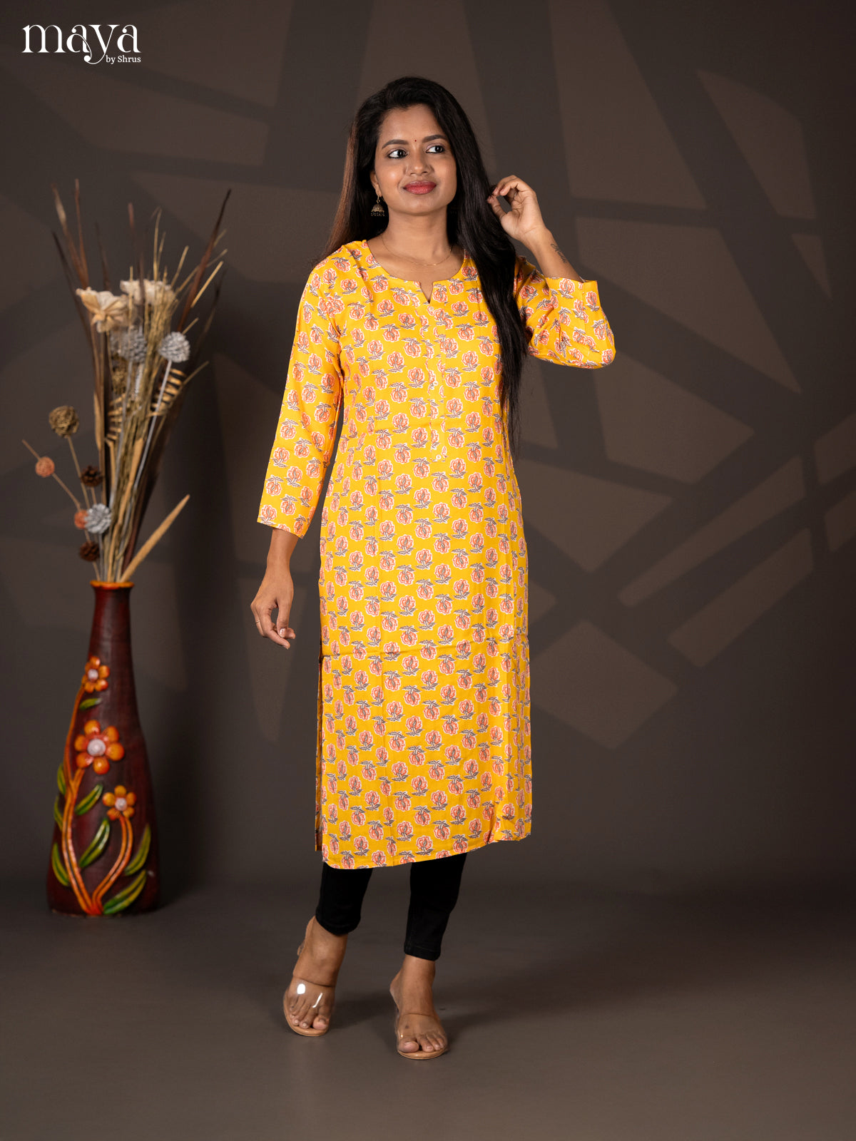 Yellow Floral Printed Rayon Straight Kurti