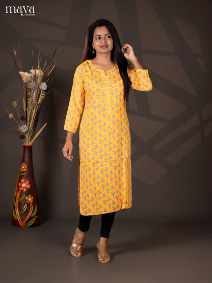 Yellow Floral Printed Rayon Straight Kurti