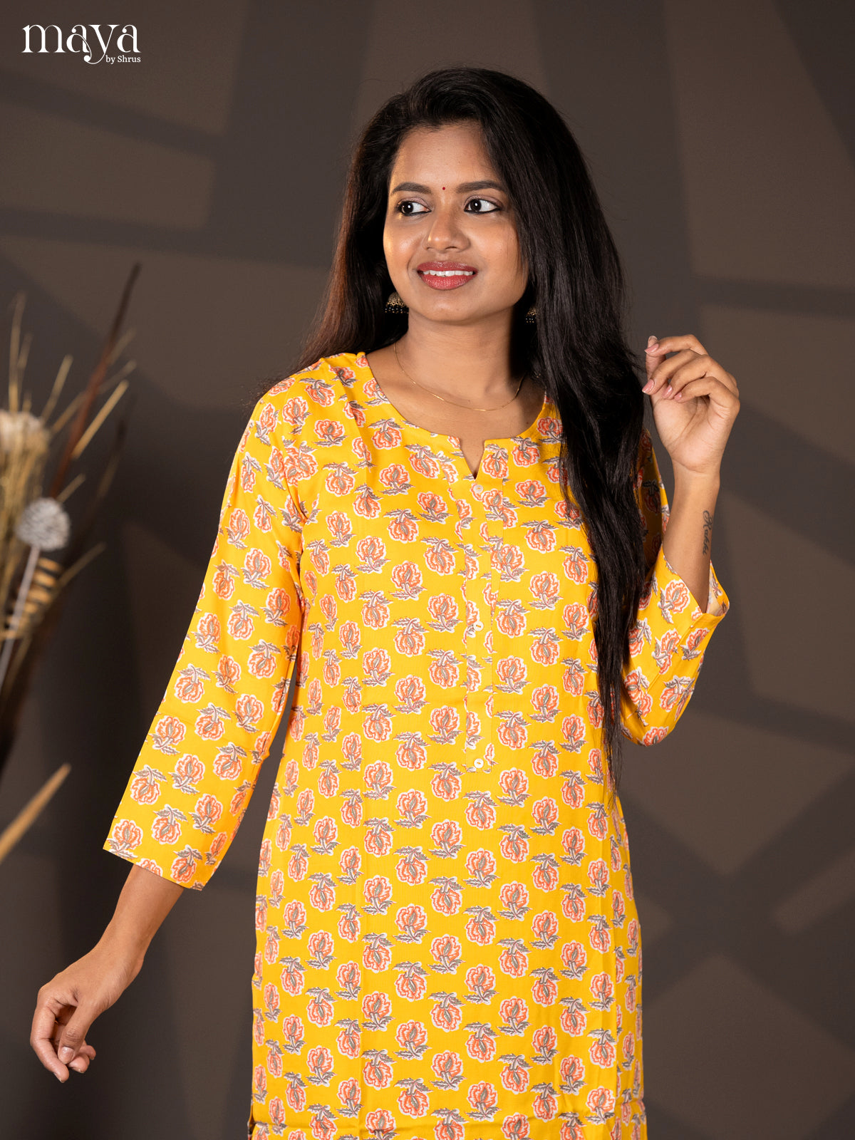 Yellow Floral Printed Rayon Straight Kurti