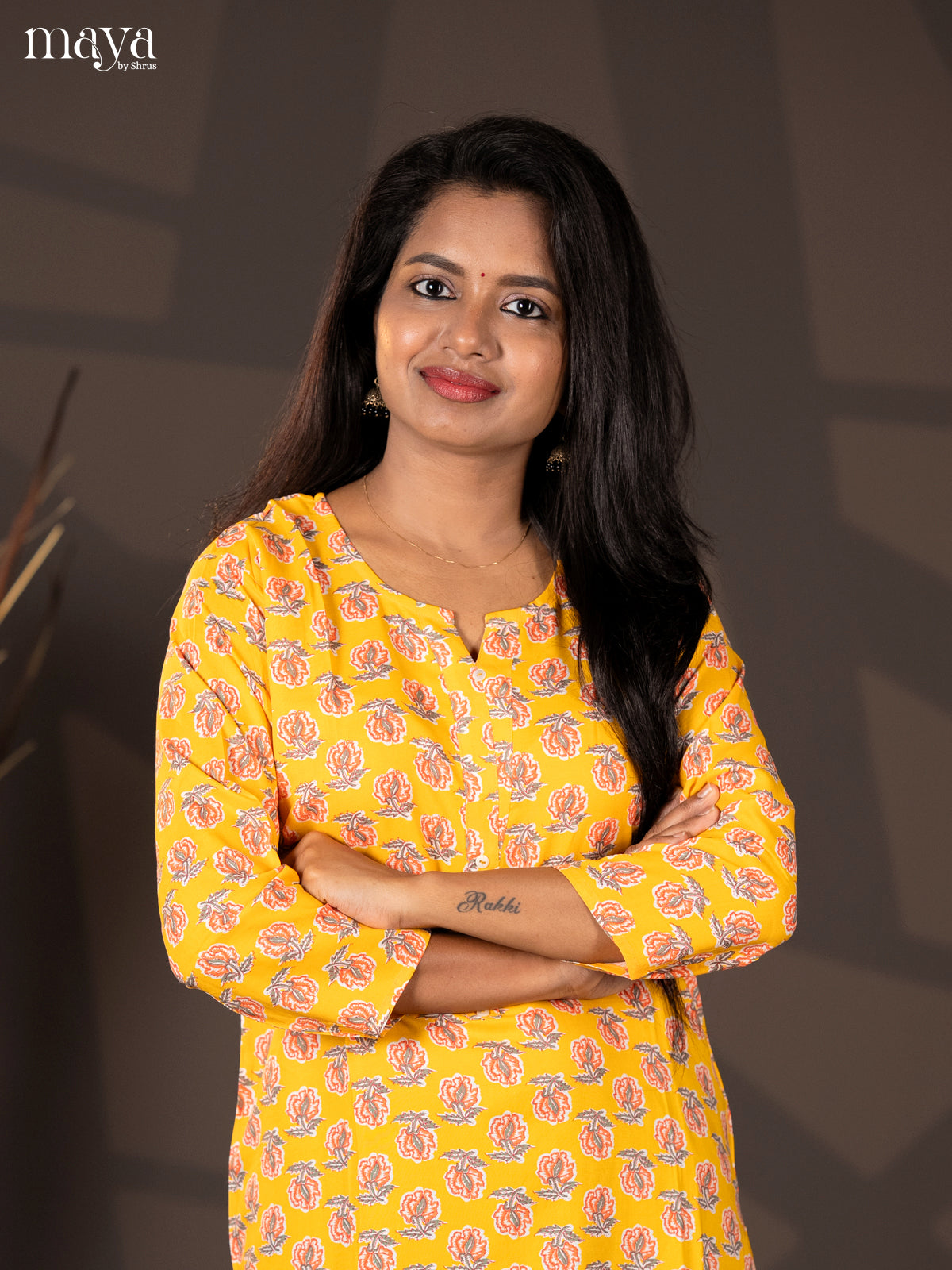 Yellow Floral Printed Rayon Straight Kurti