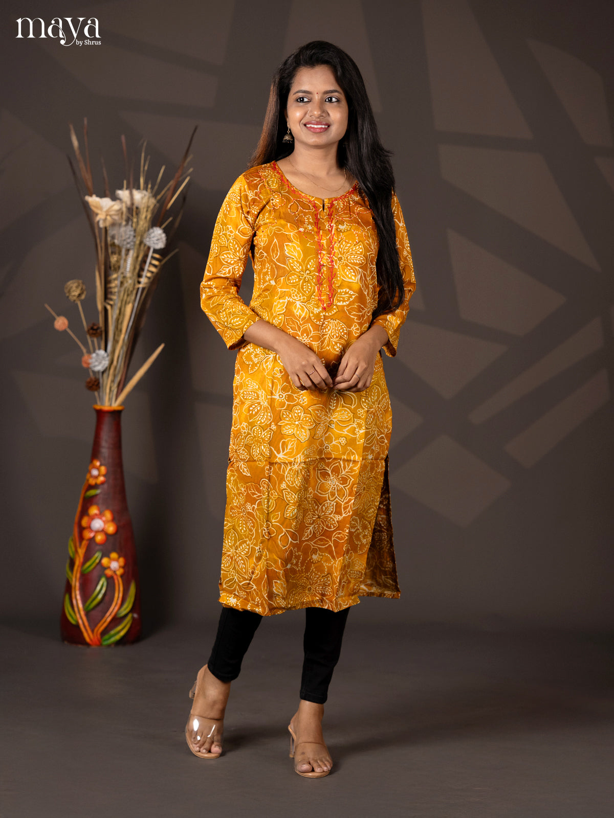 Mustard Floral Printed Rayon Straight Kurti