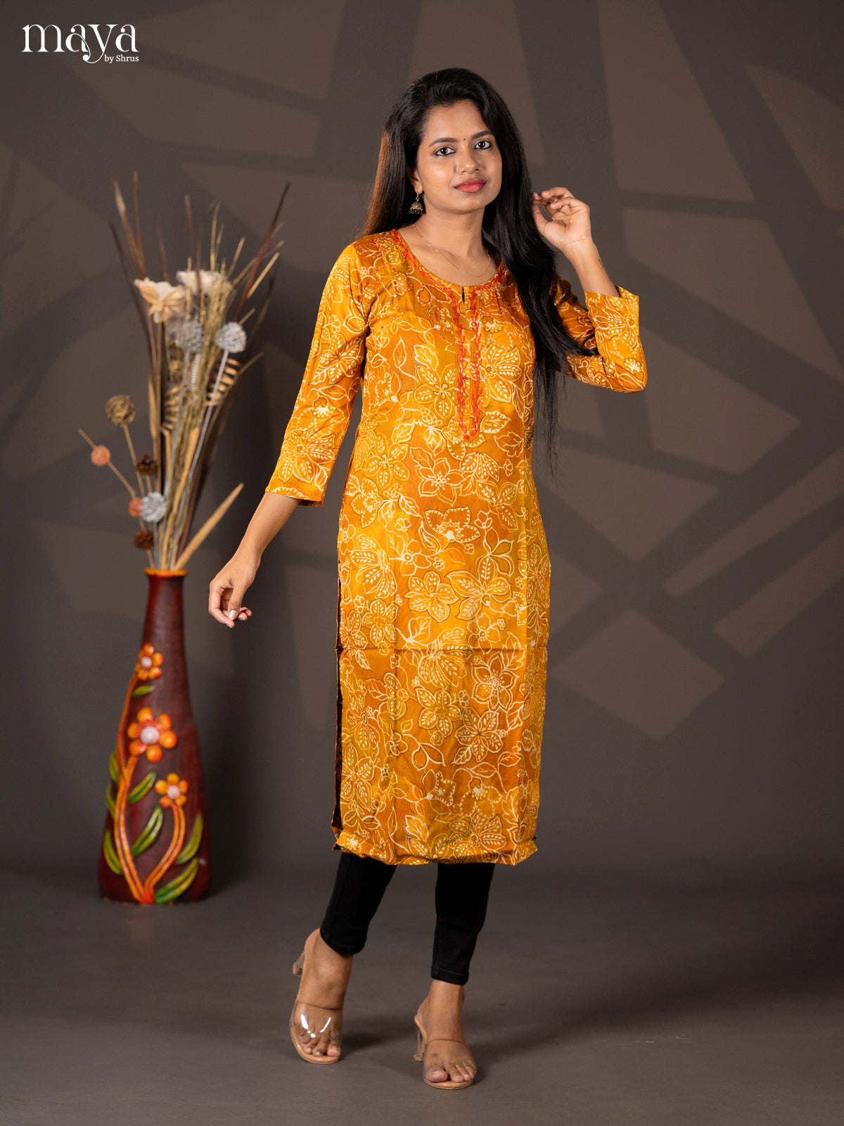 Mustard Floral Printed Rayon Straight Kurti