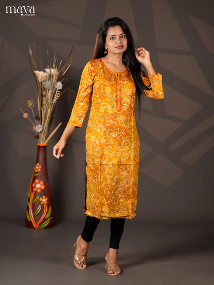 Mustard Floral Printed Rayon Straight Kurti