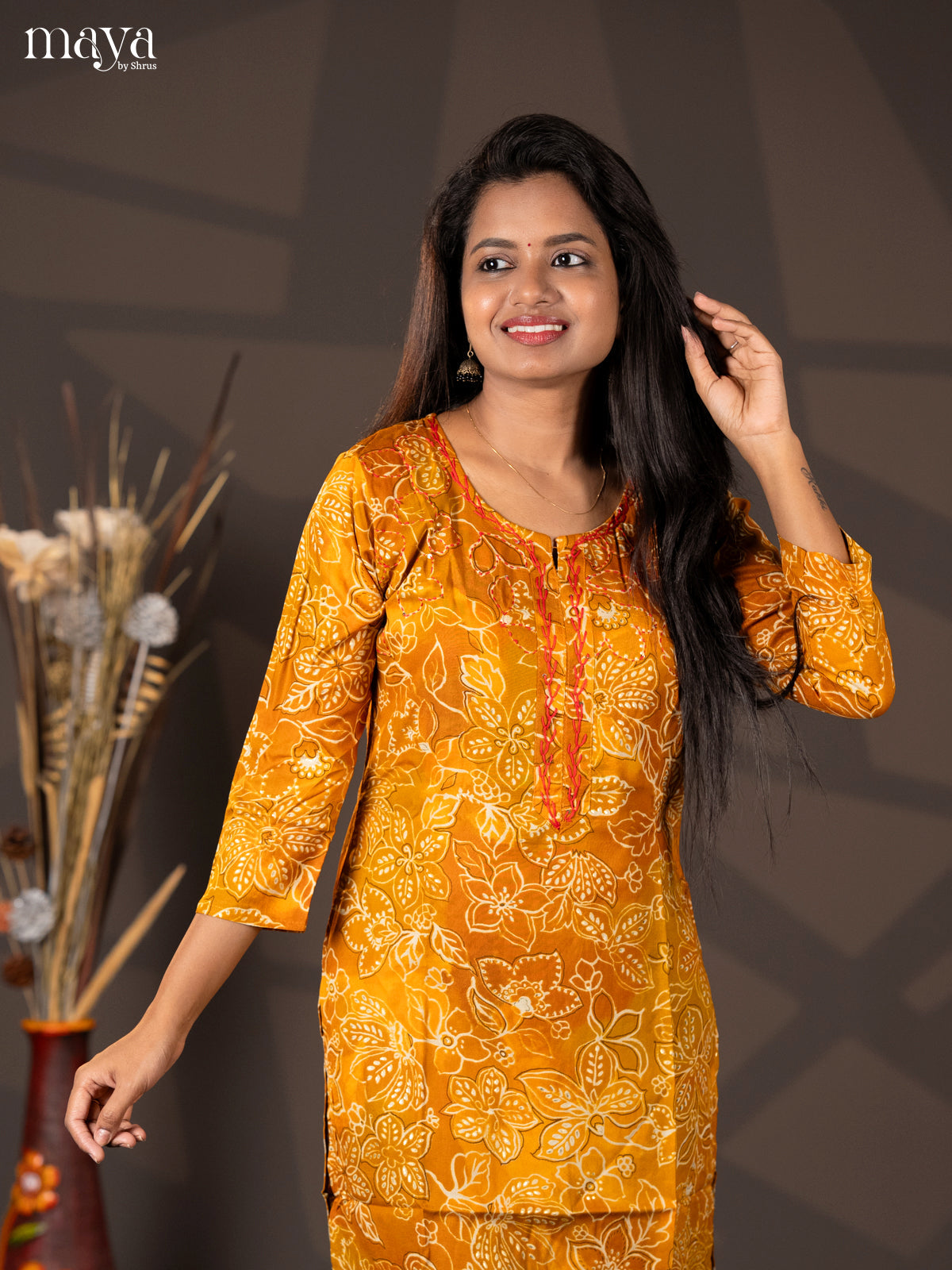 Mustard Floral Printed Rayon Straight Kurti