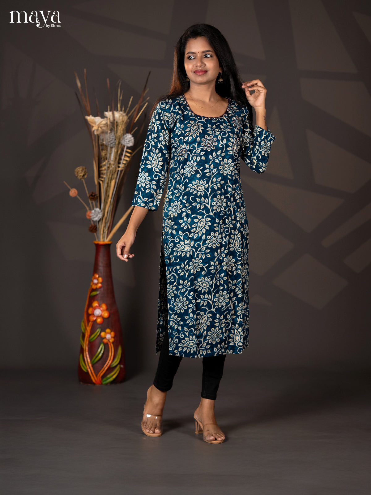 Peacock Blue Floral Printed Rayon Straight Kurti