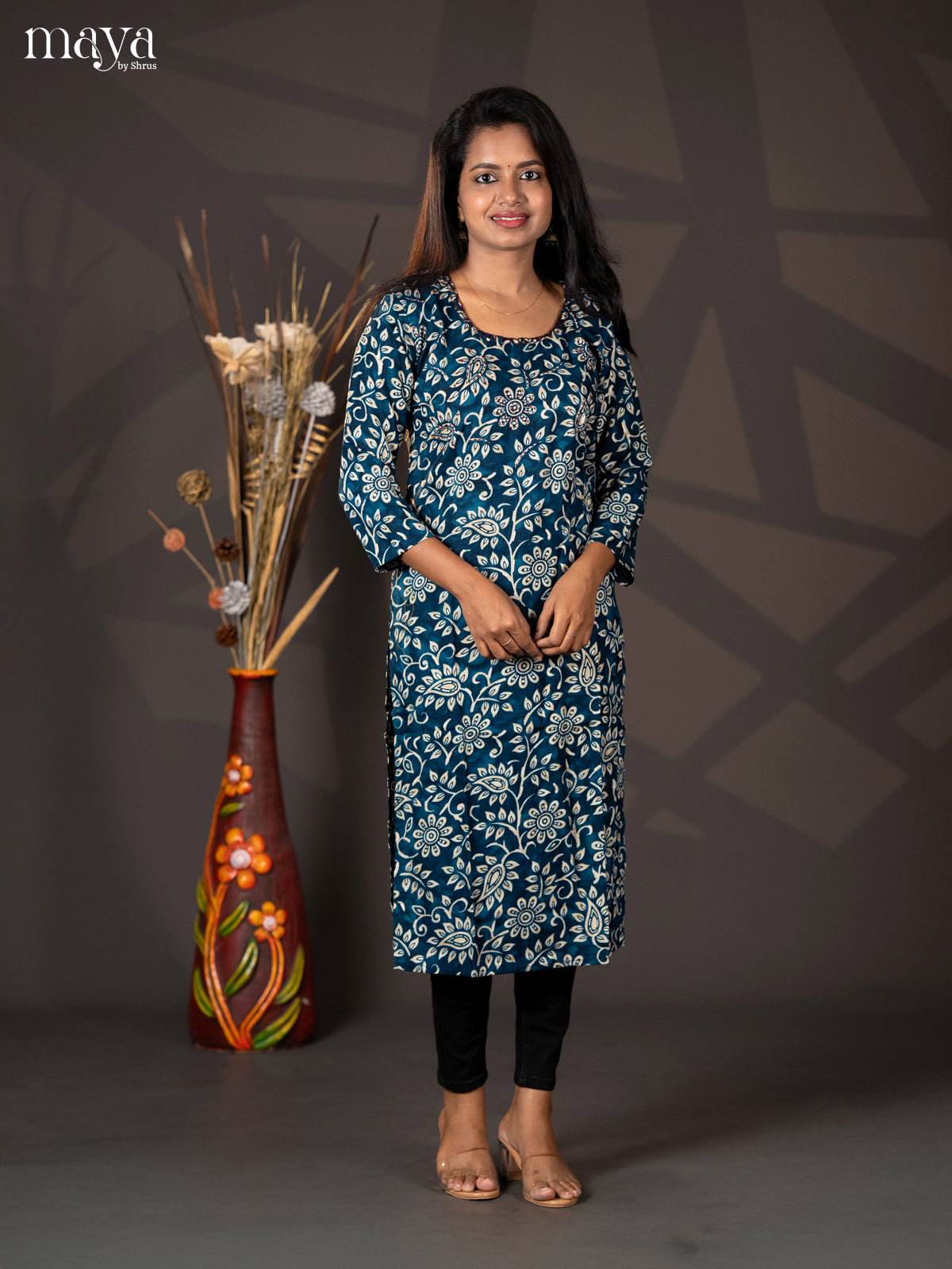 Peacock Blue Floral Printed Rayon Straight Kurti
