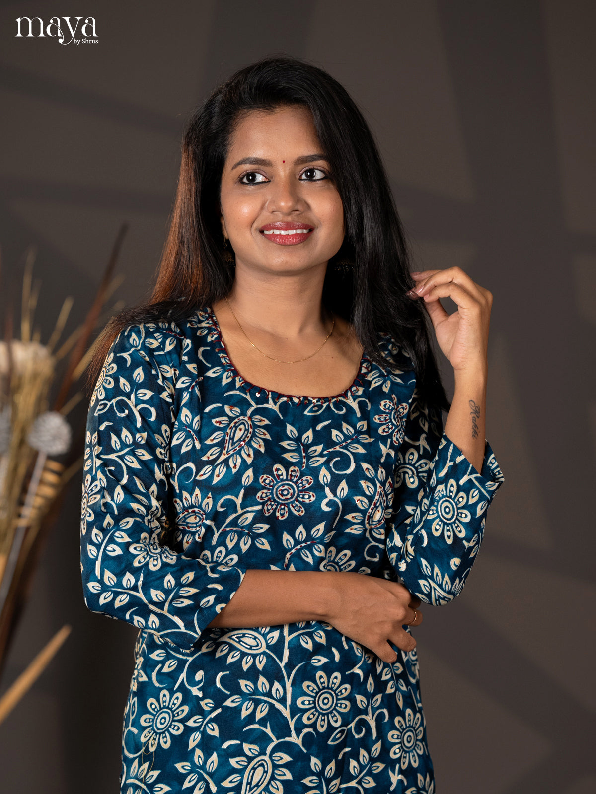 Peacock Blue Floral Printed Rayon Straight Kurti