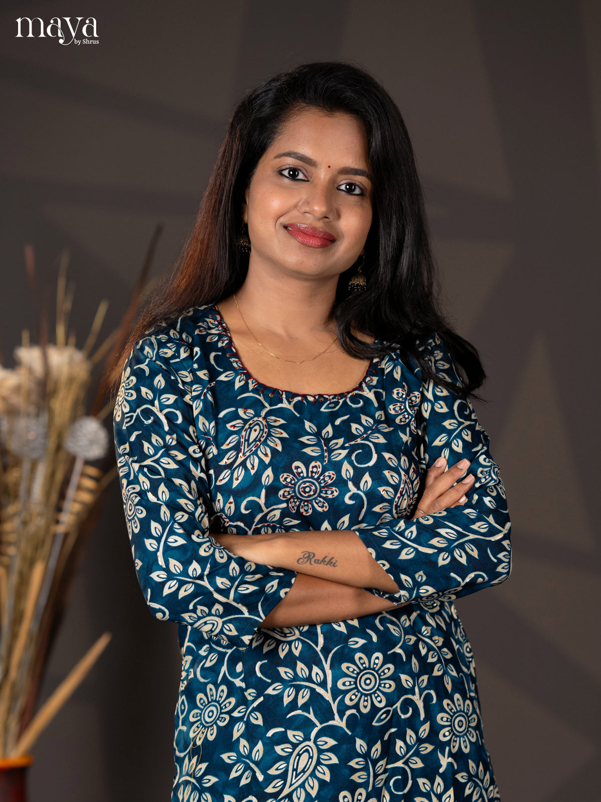Peacock Blue Floral Printed Rayon Straight Kurti