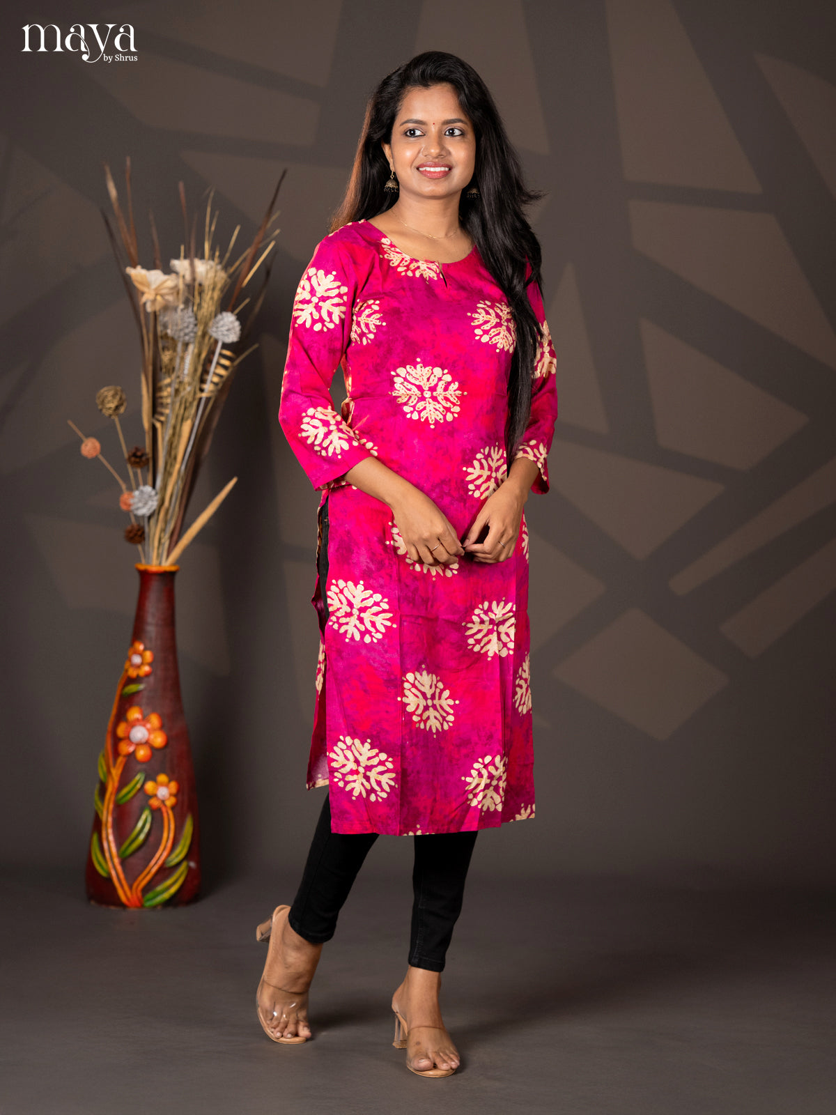 Pink Batik Printed Rayon Straight Kurti