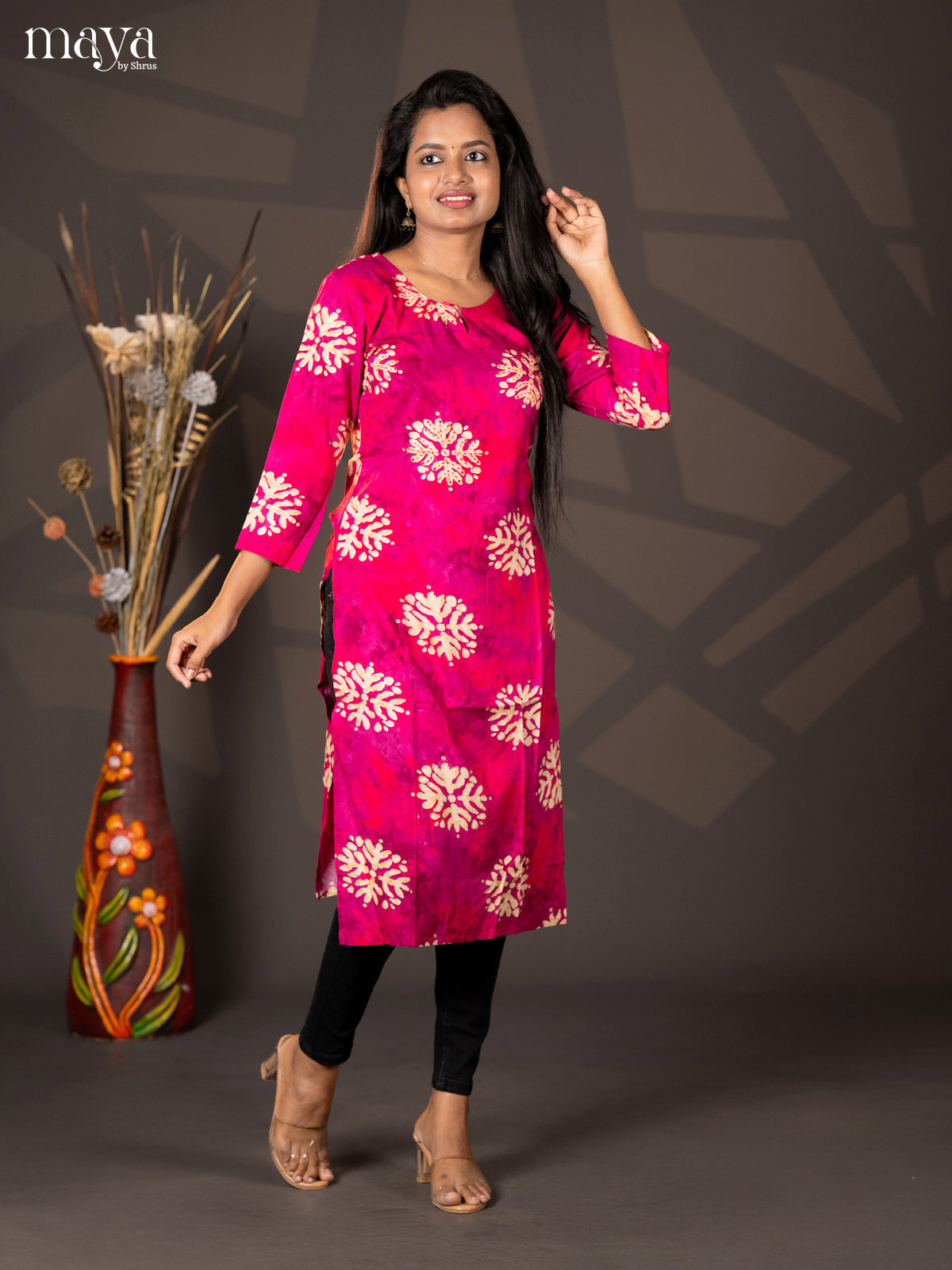 Pink Batik Printed Rayon Straight Kurti
