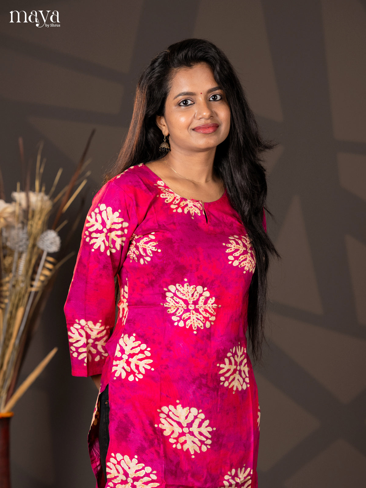 Pink Batik Printed Rayon Straight Kurti