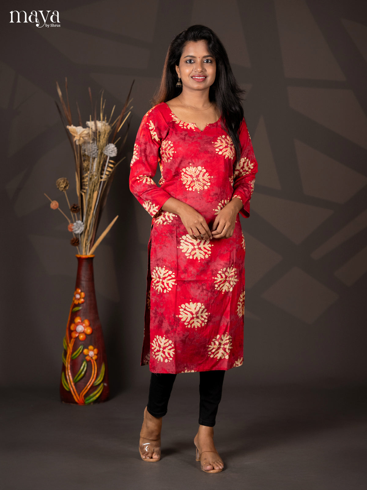 Red with Onion Pink Batik Printed Rayon Straight Kurti