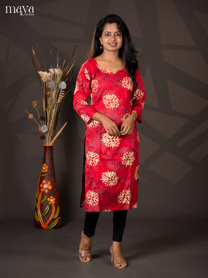 Red with Onion Pink Batik Printed Rayon Straight Kurti