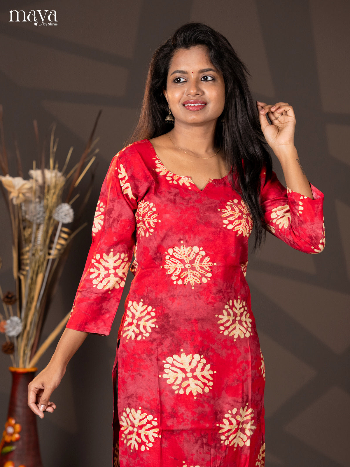 Red with Onion Pink Batik Printed Rayon Straight Kurti