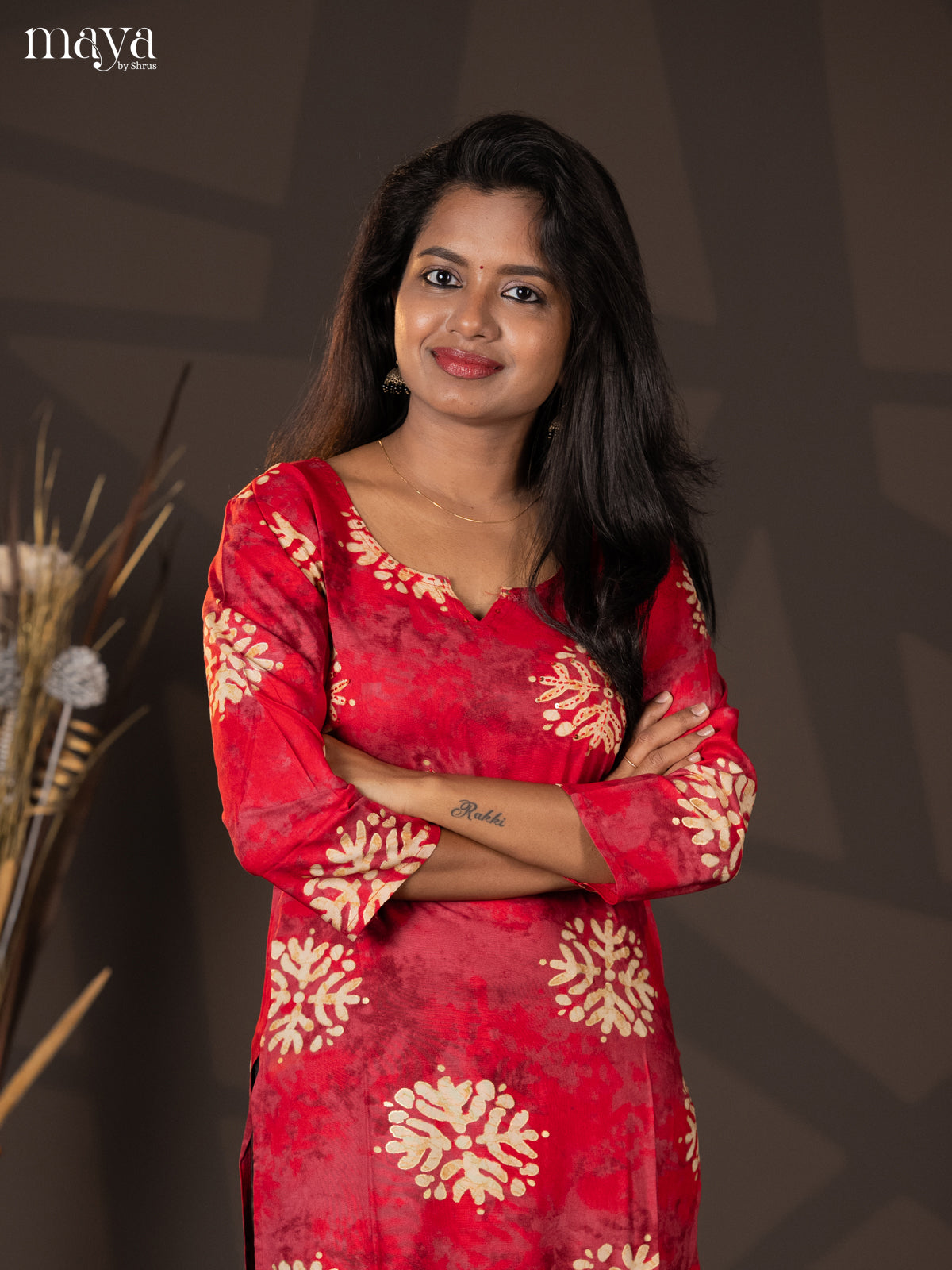 Red with Onion Pink Batik Printed Rayon Straight Kurti