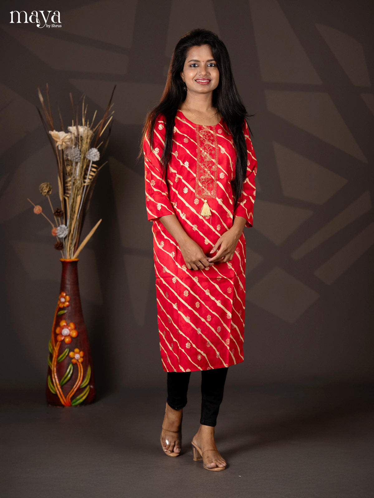 Red Embroidered Rayon Straight kurti