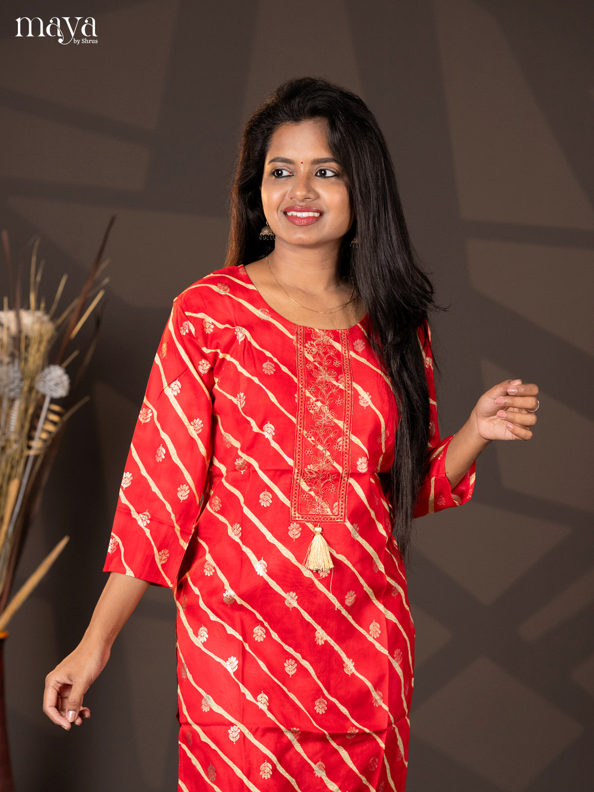 Red Embroidered Rayon Straight kurti