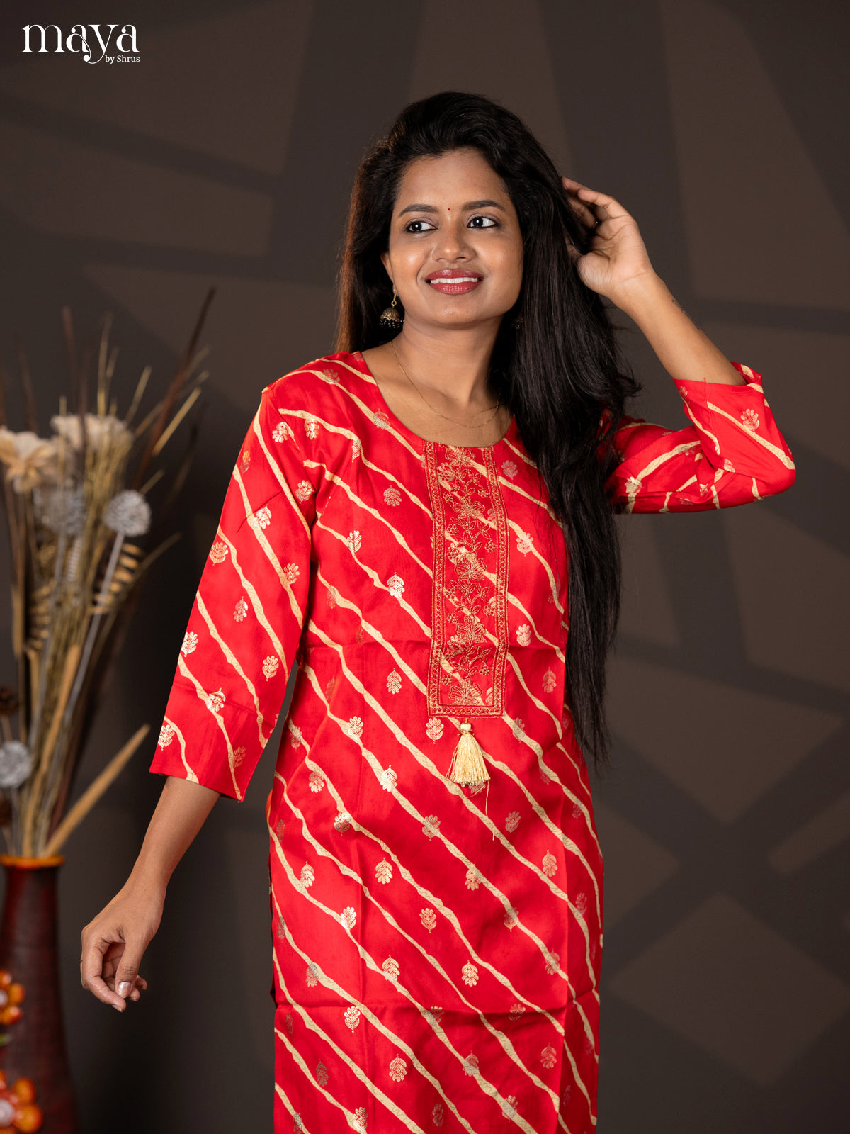 Red Embroidered Rayon Straight kurti