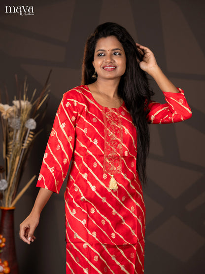 Red Embroidered Rayon Straight kurti