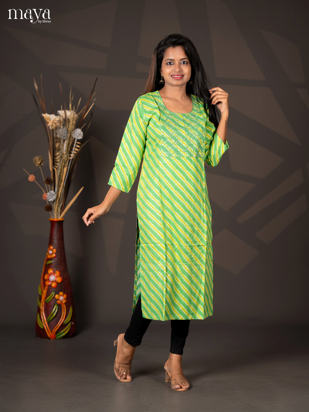 Green with Lemon yellow Embroidered Rayon Straight Kurti