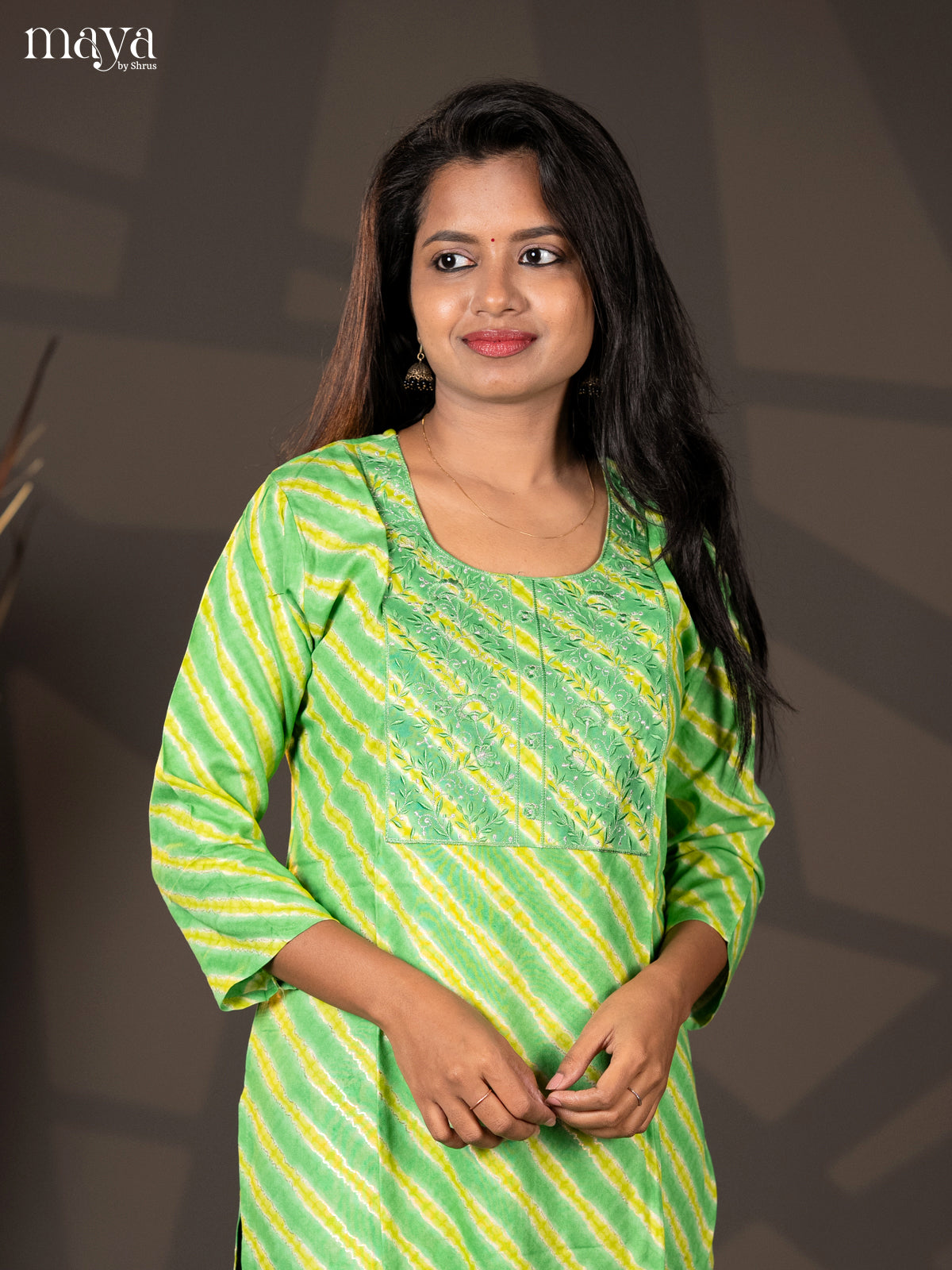 Green with Lemon yellow Embroidered Rayon Straight Kurti