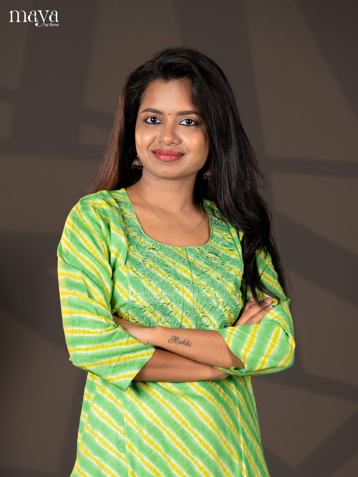 Green with Lemon yellow Embroidered Rayon Straight Kurti