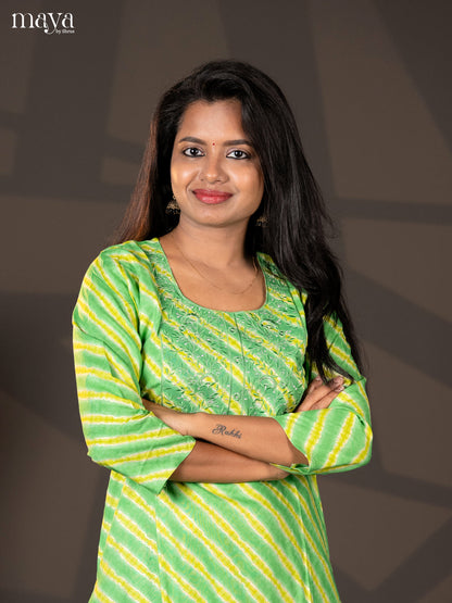 Green with Lemon yellow Embroidered Rayon Straight Kurti