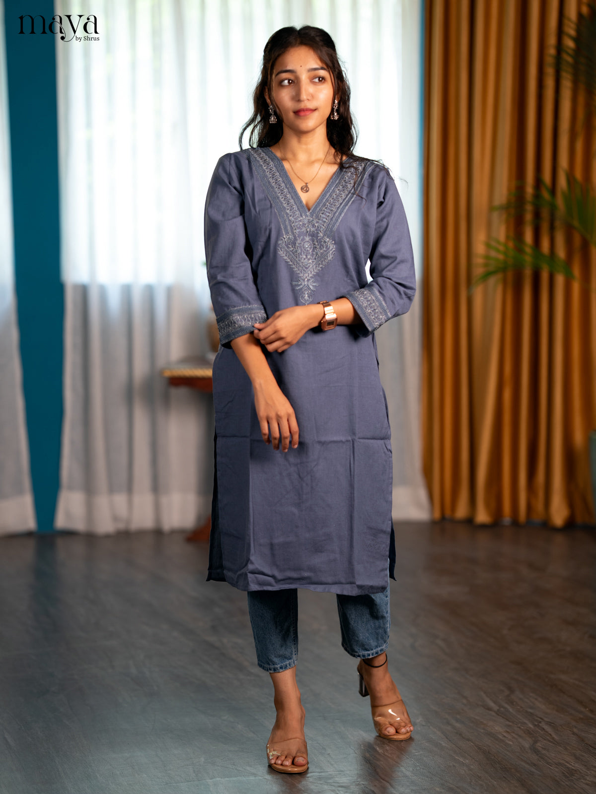 Dark Greyish Blue Embroidered Cotton Straight Kurti