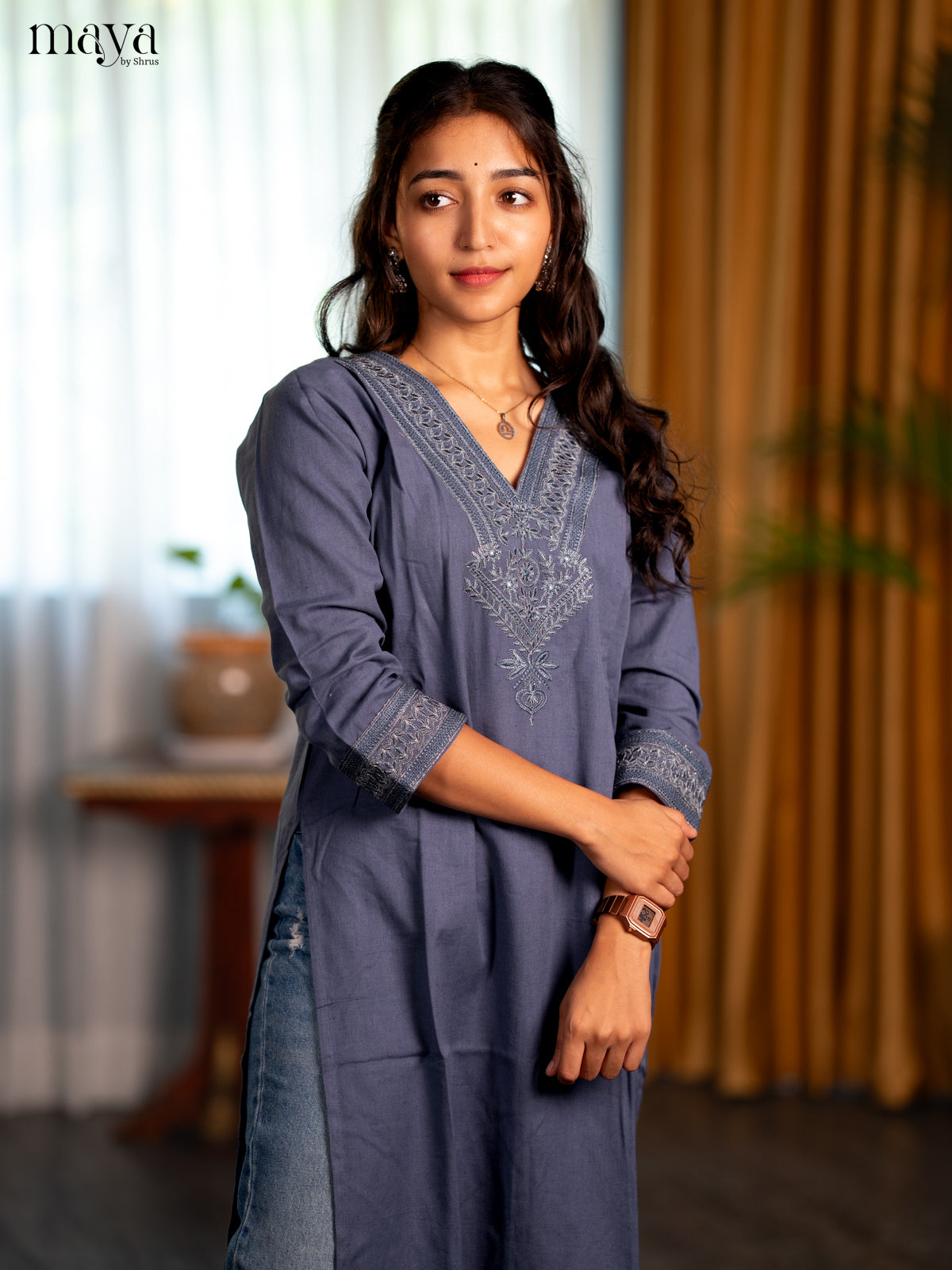 Dark Greyish Blue Embroidered Cotton Straight Kurti