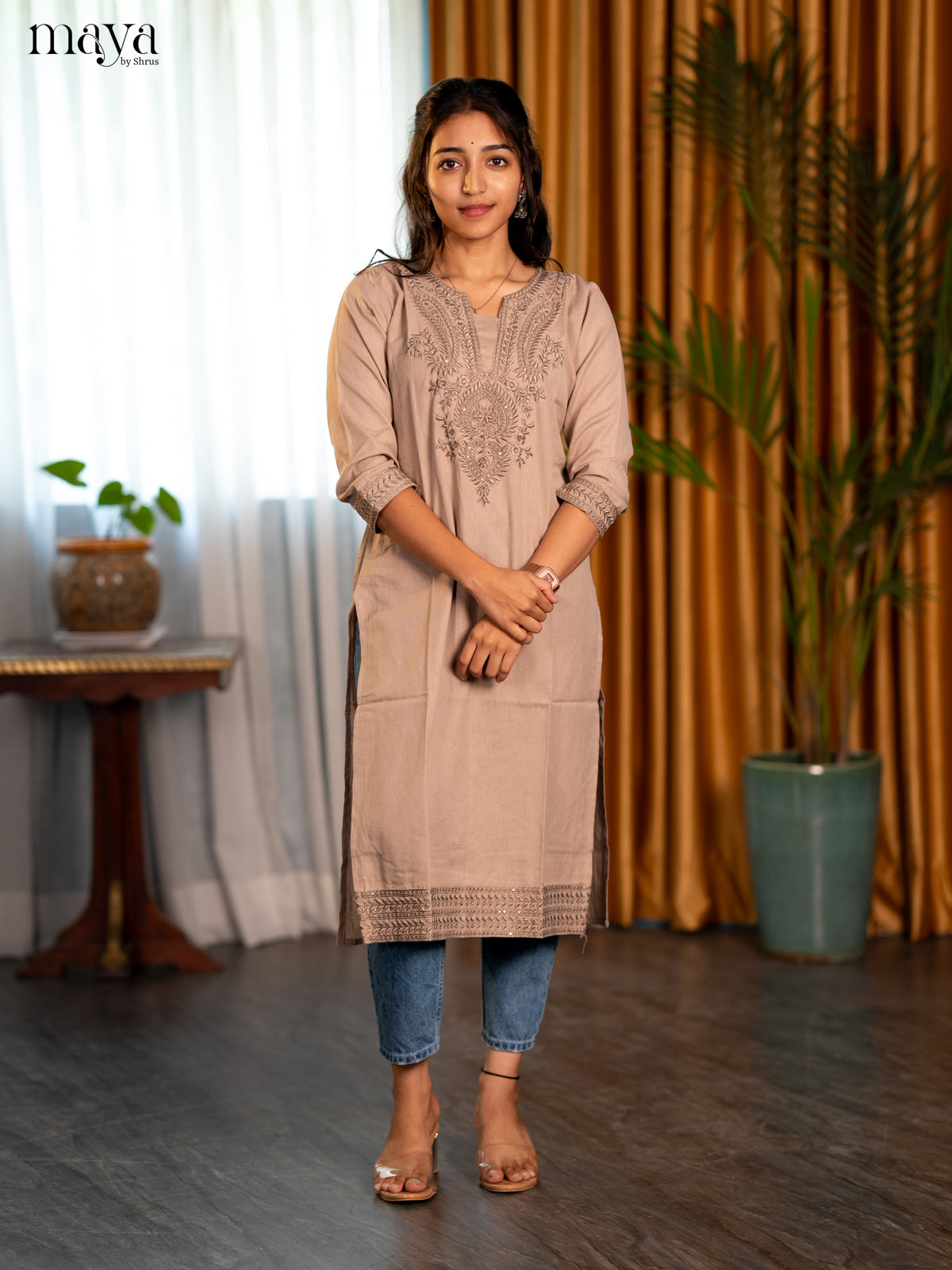 Beige Embroidered Cotton Straight Kurti