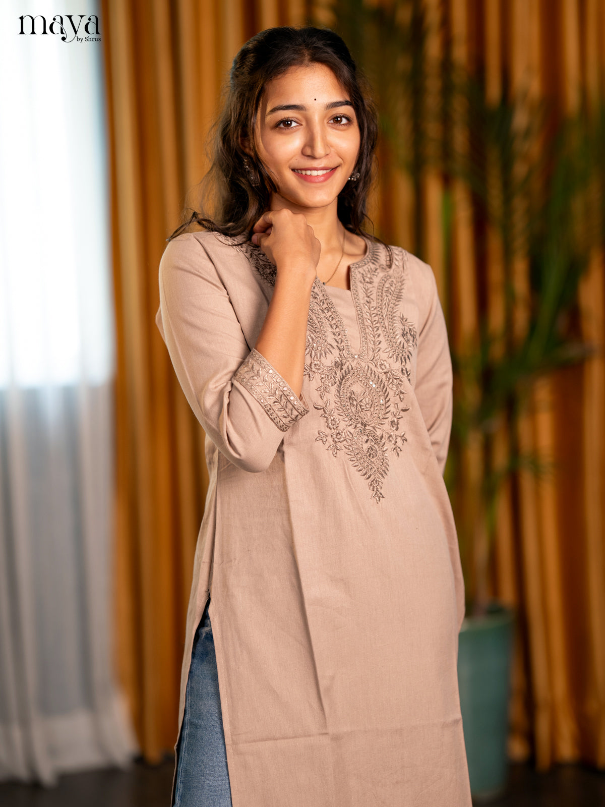 Beige Embroidered Cotton Straight Kurti