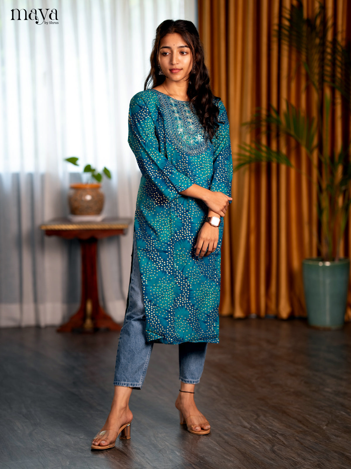 Peacock Blue Bandhini Printed Rayon Straight Kurti