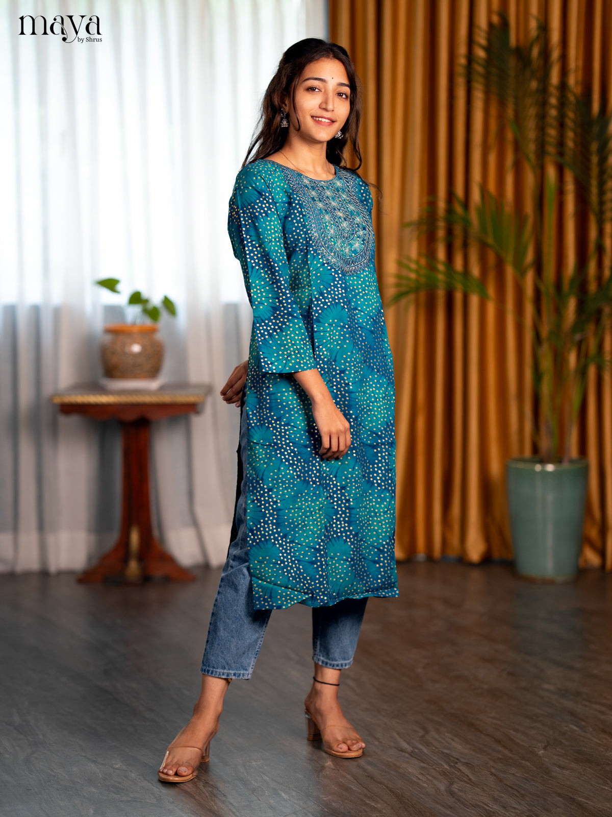 Peacock Blue Bandhini Printed Rayon Straight Kurti