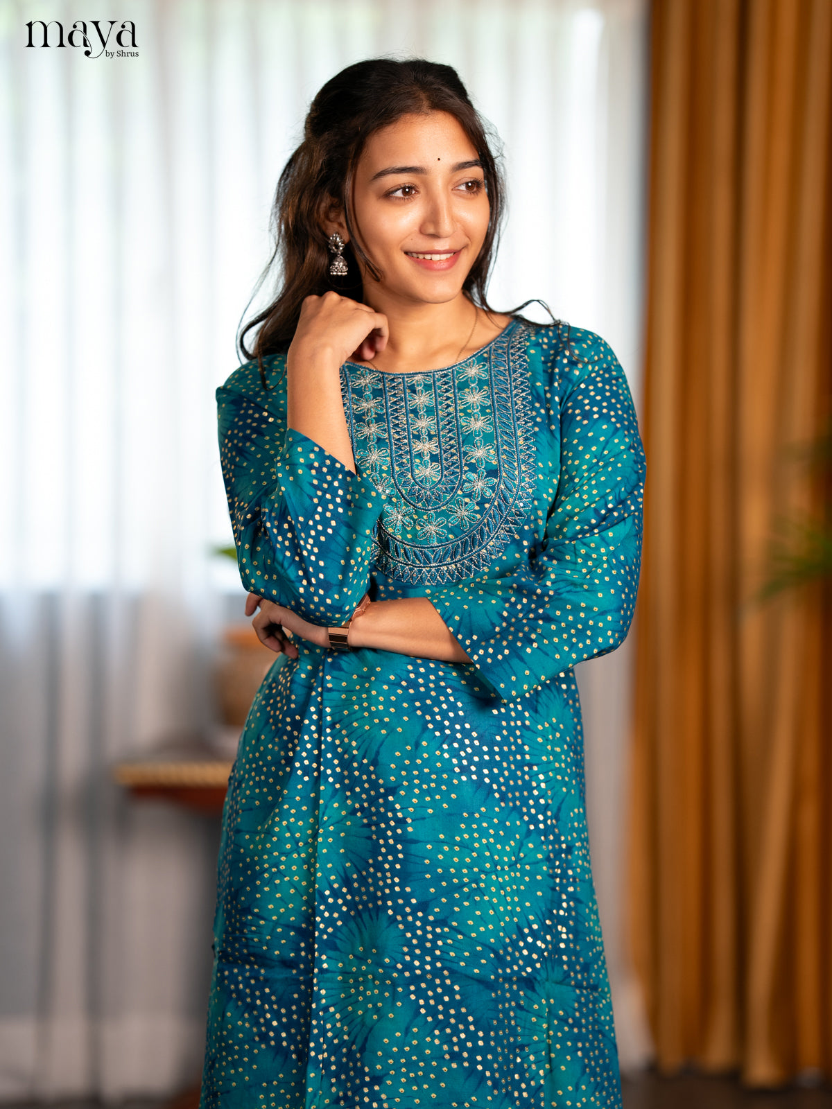 Peacock Blue Bandhini Printed Rayon Straight Kurti