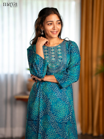 Peacock Blue Bandhini Printed Rayon Straight Kurti