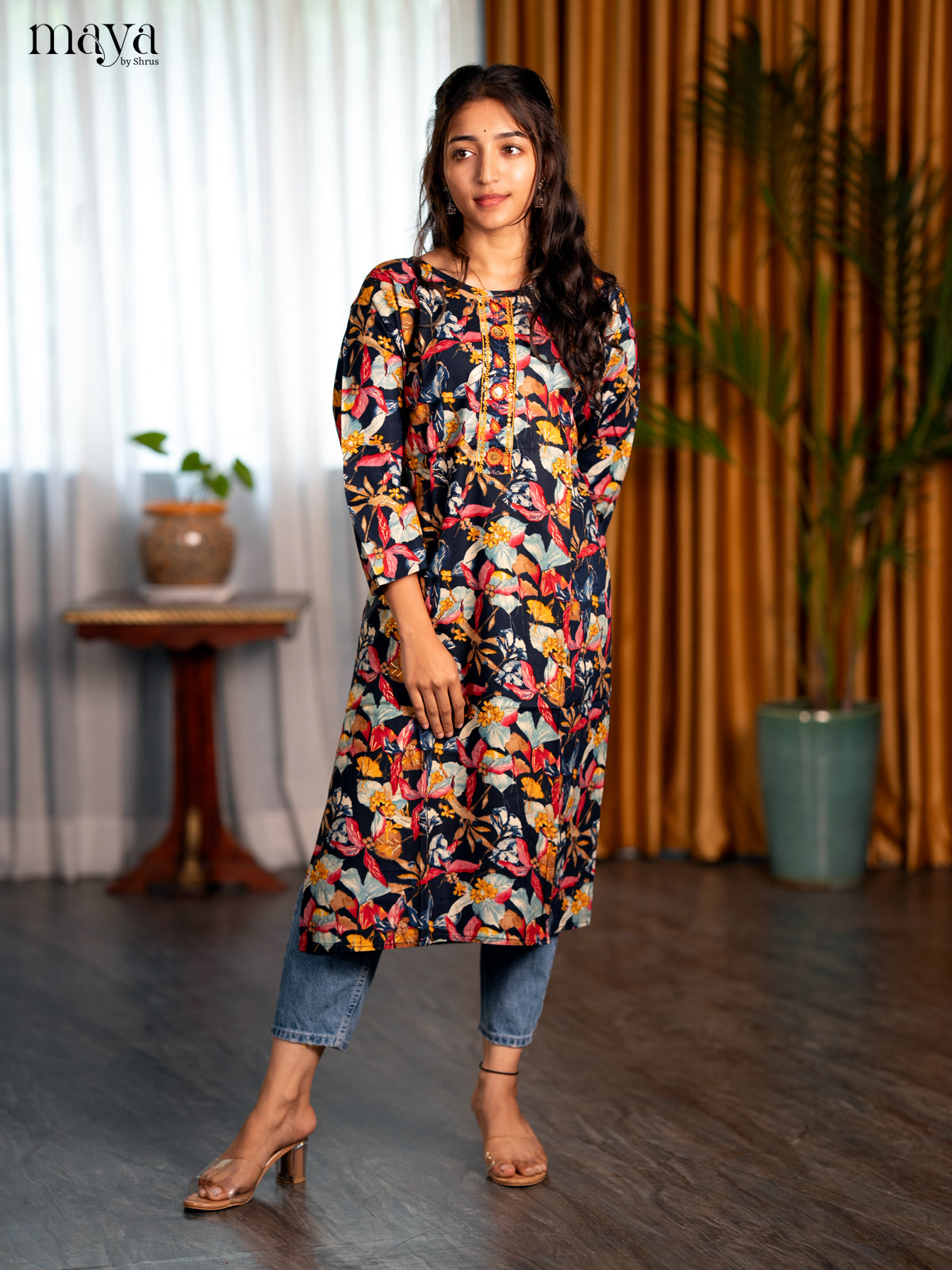 Multi Colour Floral Printed Rayon Straight Kurti