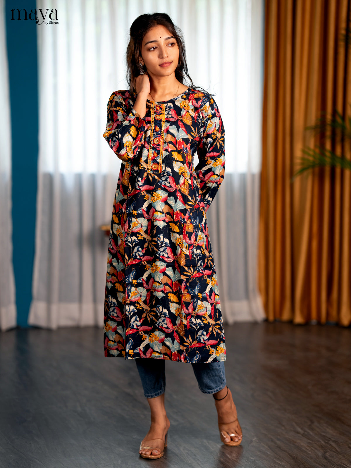Multi Colour Floral Printed Rayon Straight Kurti