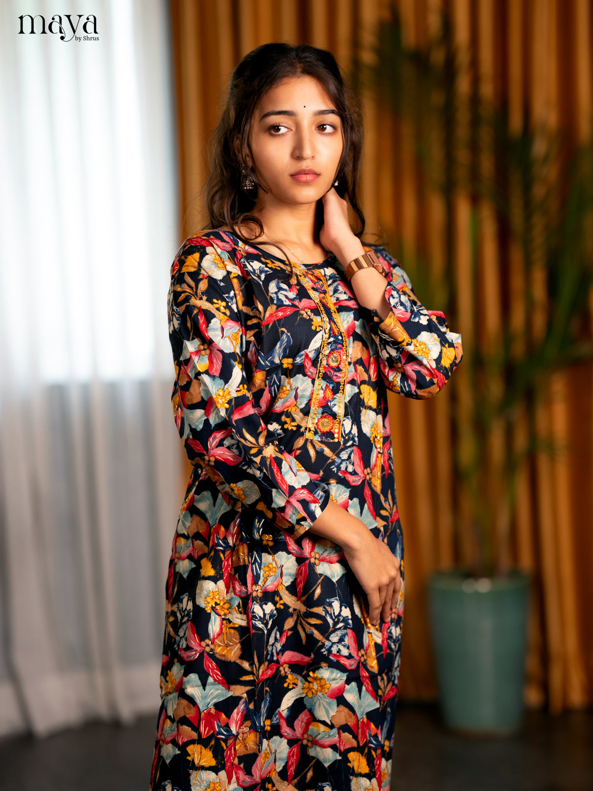 Multi Colour Floral Printed Rayon Straight Kurti
