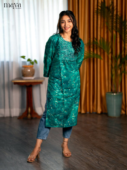 Green Printed Rayon Straight Kurti