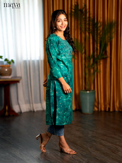 Green Printed Rayon Straight Kurti