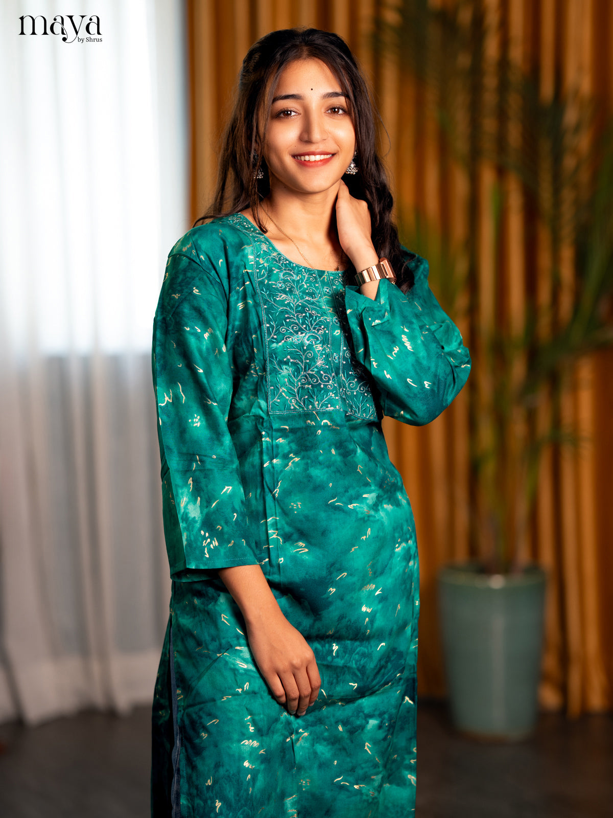 Green Printed Rayon Straight Kurti
