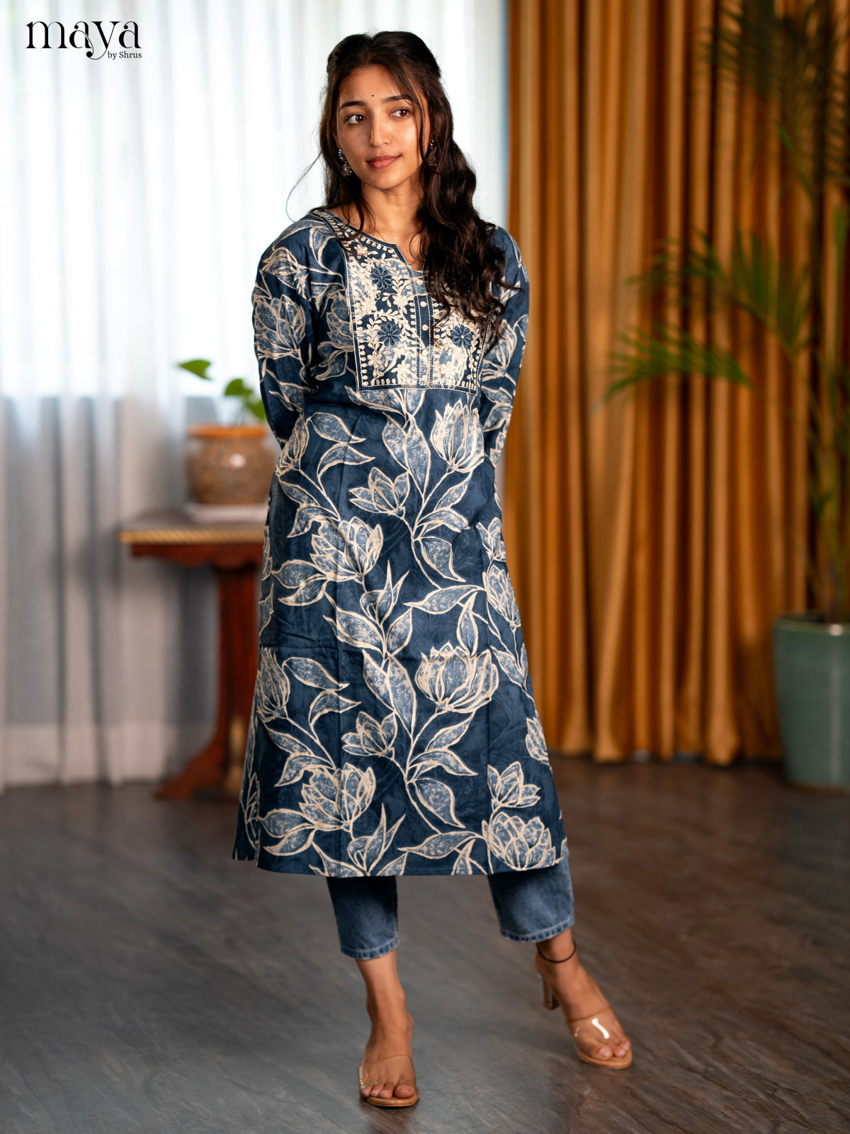 Greyish Blue Floral Printed Rayon Straight Kurti