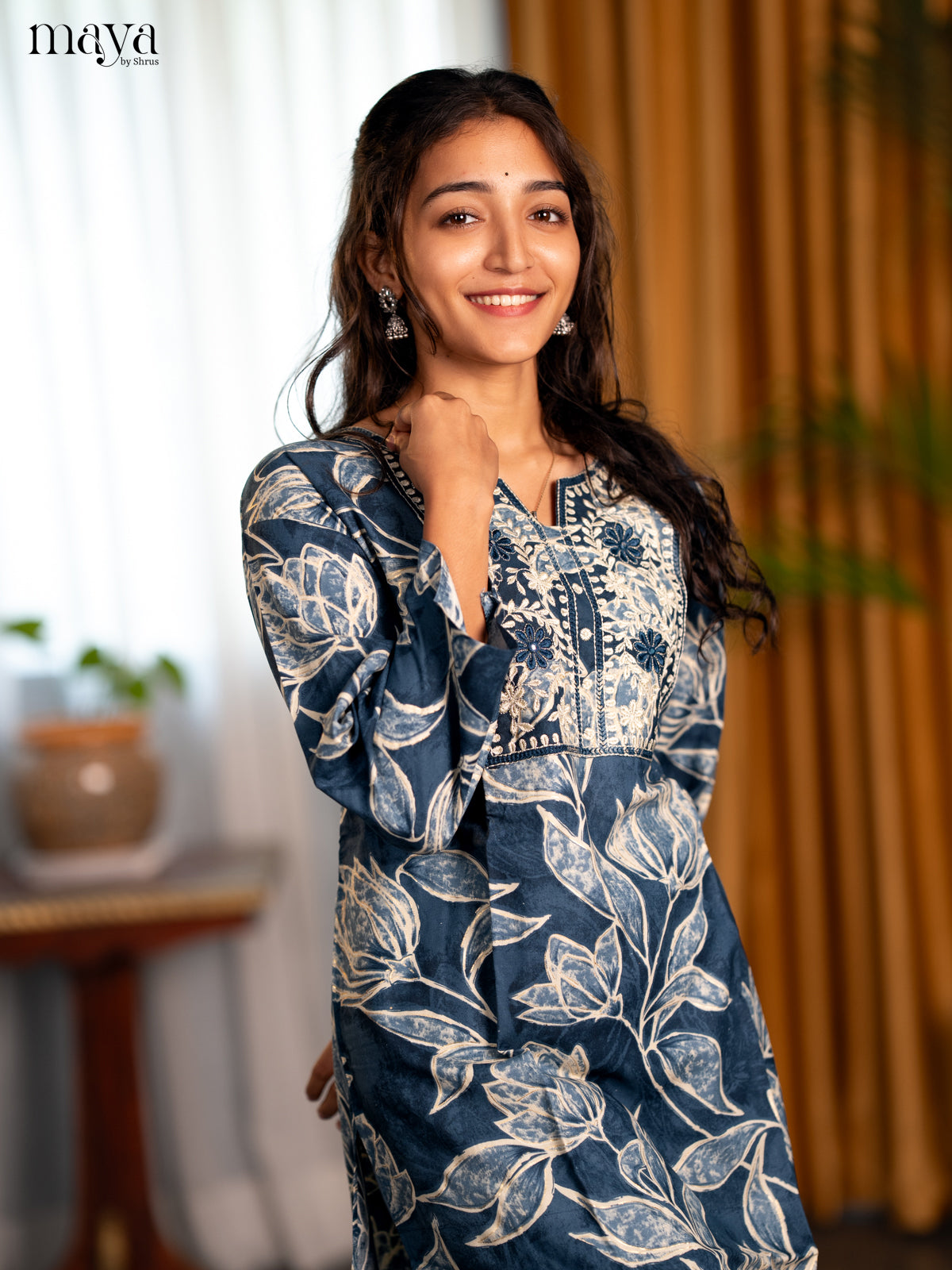 Greyish Blue Floral Printed Rayon Straight Kurti