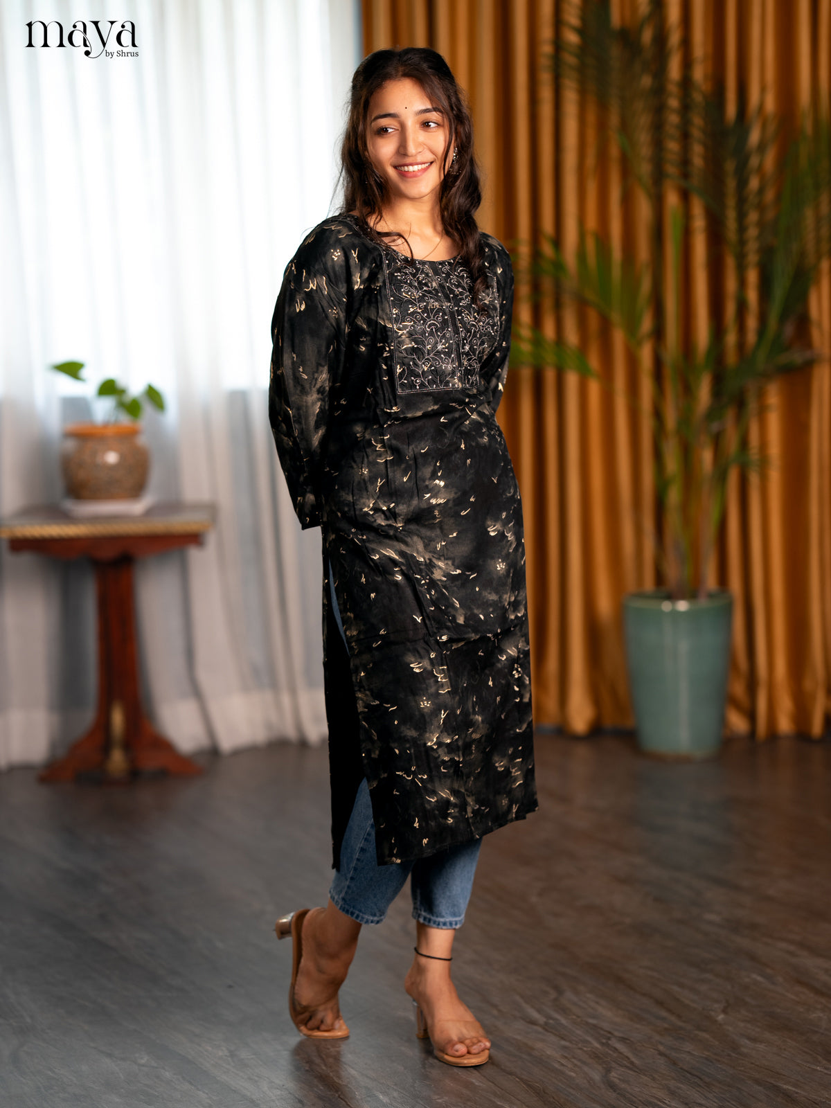 Dual Tone Olive green with Black Printed Rayon Straight Kurti