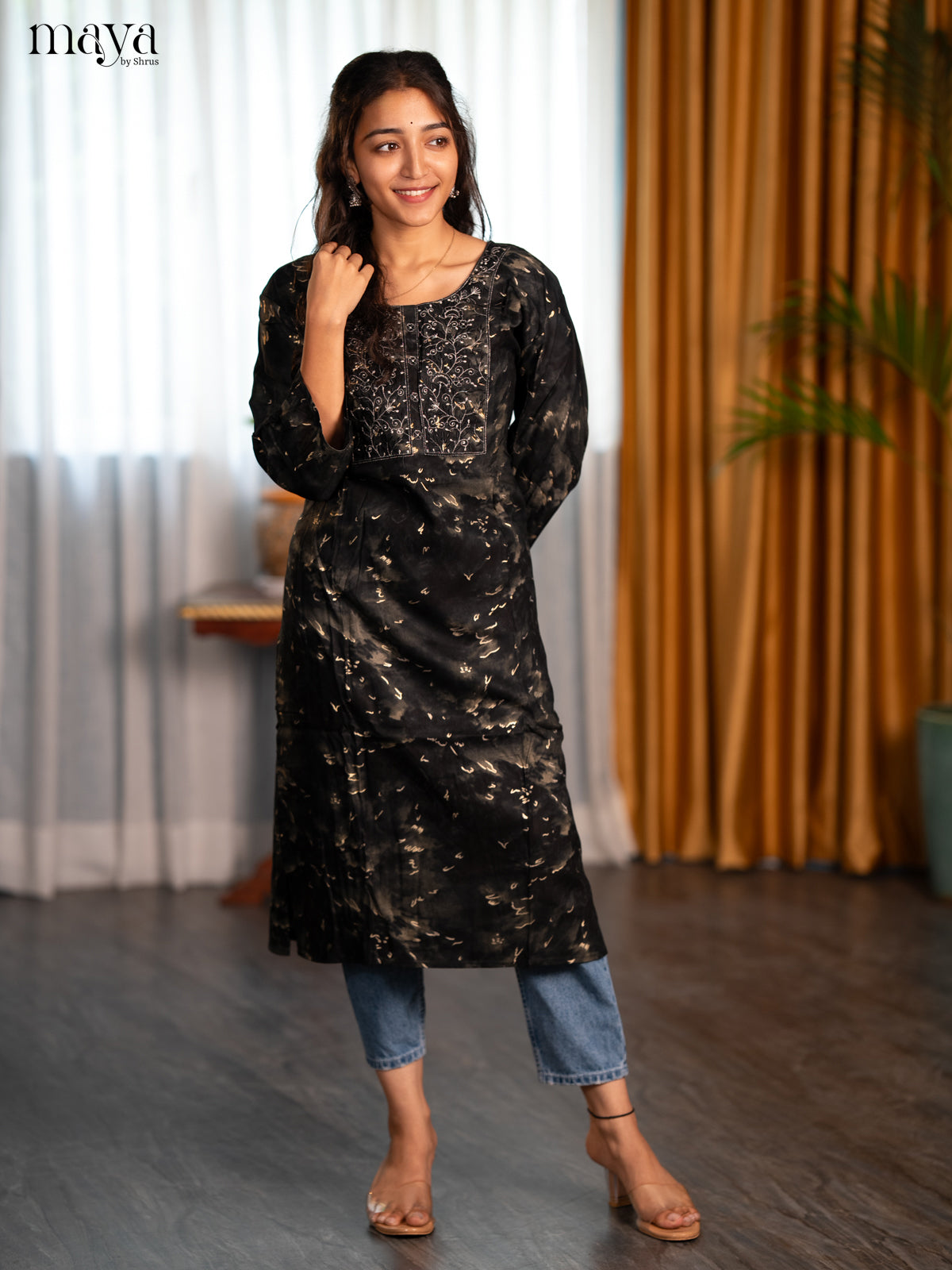 Dual Tone Olive green with Black Printed Rayon Straight Kurti