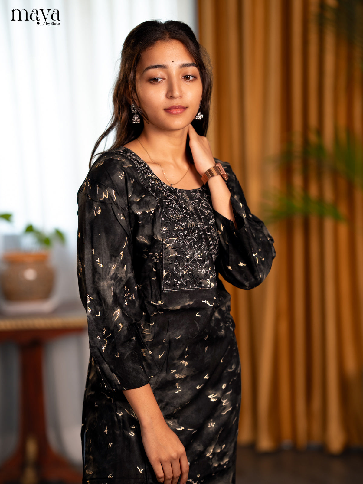 Dual Tone Olive green with Black Printed Rayon Straight Kurti