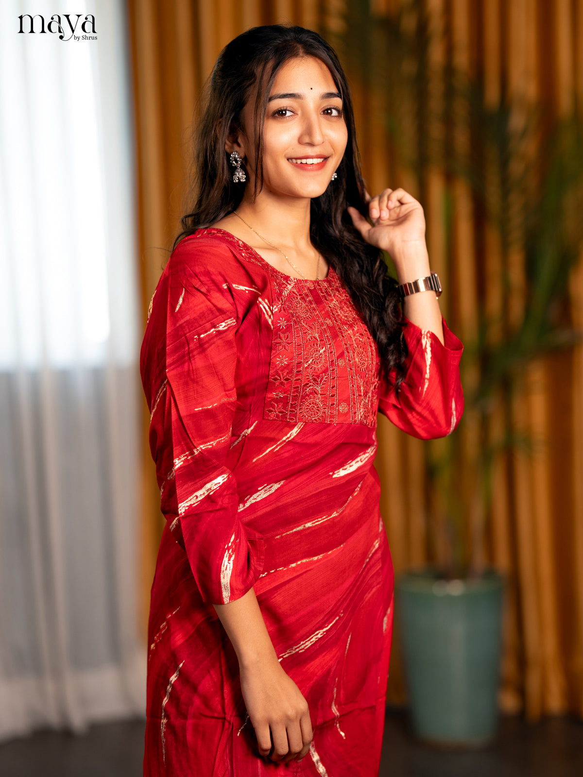 Reddish Pink Printed Rayon Straight Kurti
