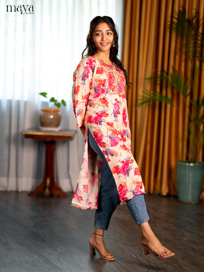 Cream Abstract Printed Rayon Straight Kurti